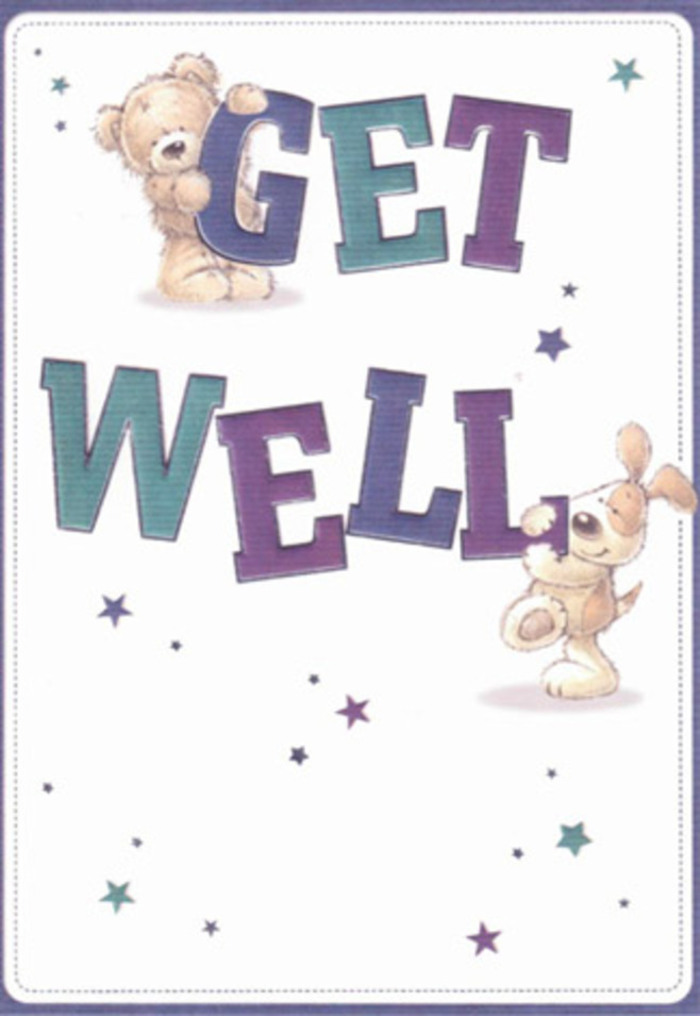 The gentle support that runs through Wennington is captured beautifully in this playful and heartfelt get well card. Illustrated with a snuggly bear whose tender expression rests atop the oversized 'GET,' and a beloved puppy whose floppy ears and round paws cradle the bold 'WELL,' the scene glows with sincerity and bright optimism. Curved, cheerful lettering-painted in rich purples and watery blues-anchors the design with reassurance, while starbursts shimmer across the card, sharing a visual echo of hope and little victories celebrated locally every day. There's a soft realism to textures: the fluff of the bear's fur, the friendly velvet of the pup's ears-almost as if reaching out to offer a gentle Wennington hug. Against a crisp, light background, the mood remains uplifting and timeless. Picture sending this card together with a hand-tied bouquet from Flower Delivery Wennington, both gestures promising comfort and a fresh start, like early spring blossoms on a neighbourhood walk. The composition's open-hearted innocence, artistic detail, and caring undertones are woven together to express best wishes uniquely suited to brighten anyone's convalescence in Wennington.